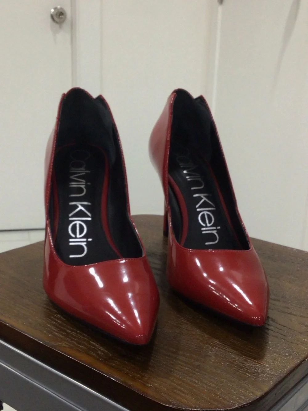 Calvin Klein Red Patent Pointed-Toe Pumps with Stiletto Heel